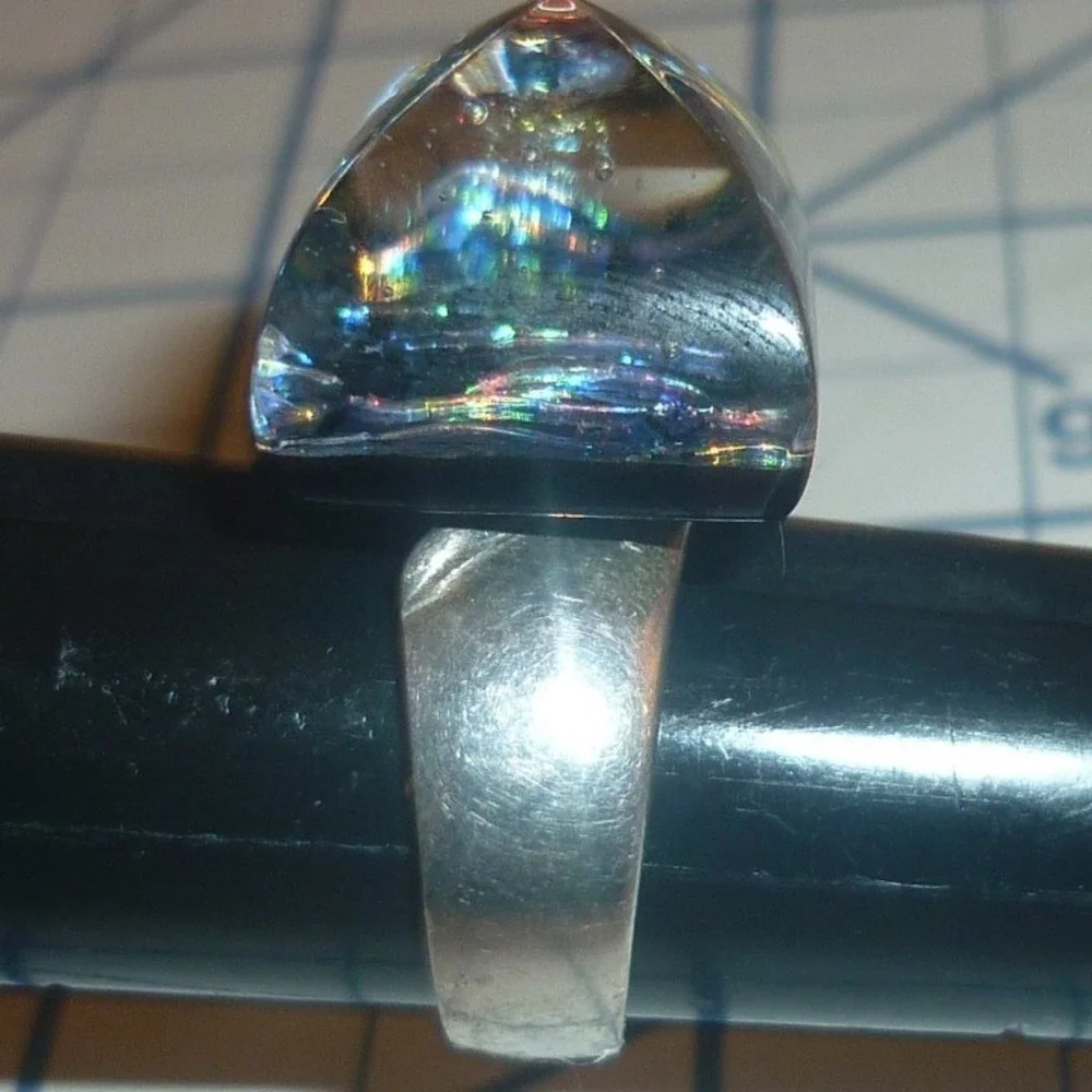 Vintage Sterling Silver Dichroic Art Glass Ring Size 6 925 Iridescent Foil  Cab